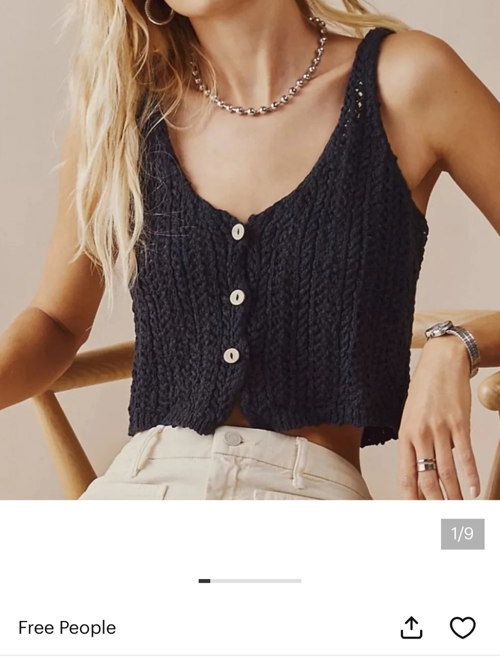 Free People Black Cropped Knit Button-Front Camisole
